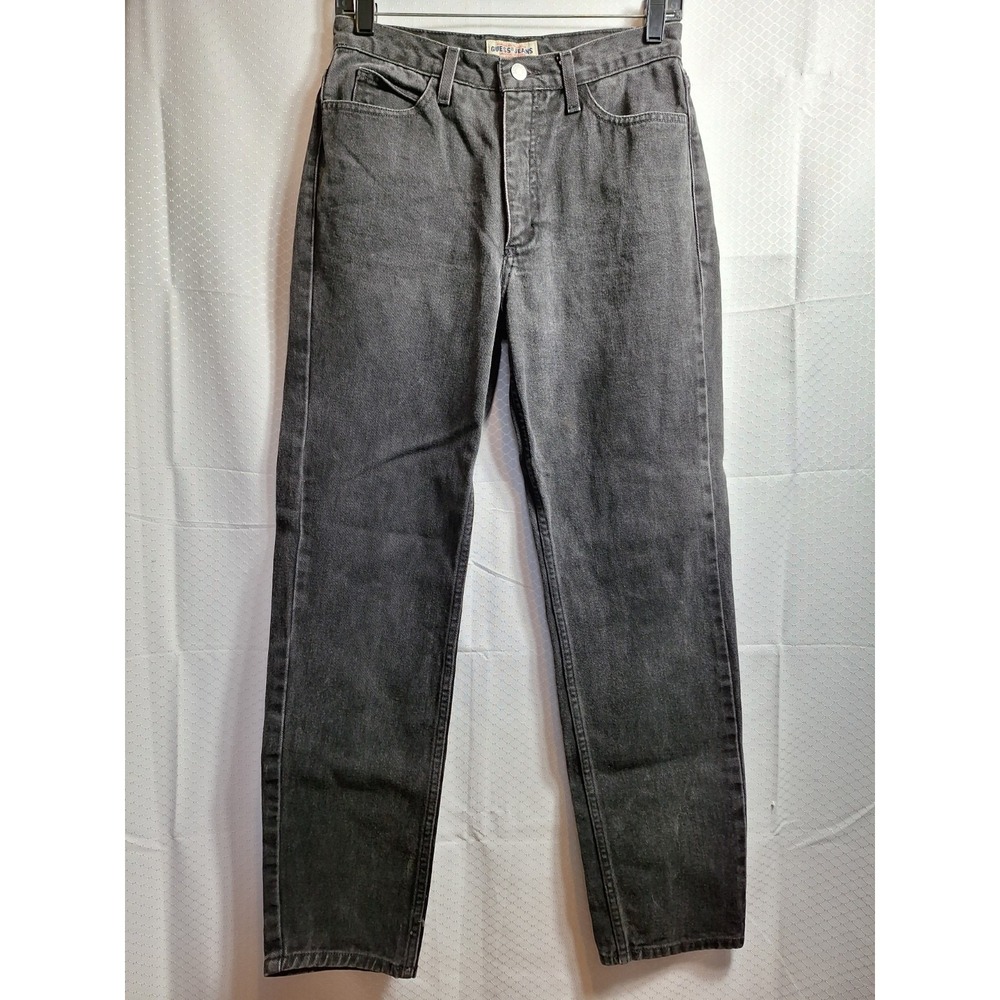 Vtg GUESS JEANS Triangle Logo Sz 30 Black High Waist Straight Leg 90s Y2K Grunge